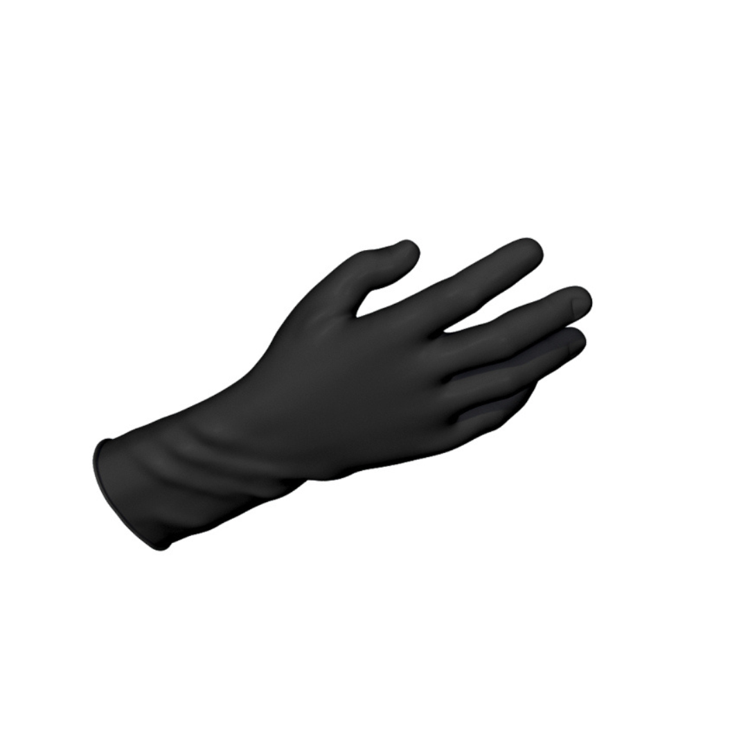 A Dynarex Safe-Touch Black Nitrile Powder-Free Exam Glove is shown against a white background, with the palm facing down and fingers gently spread.